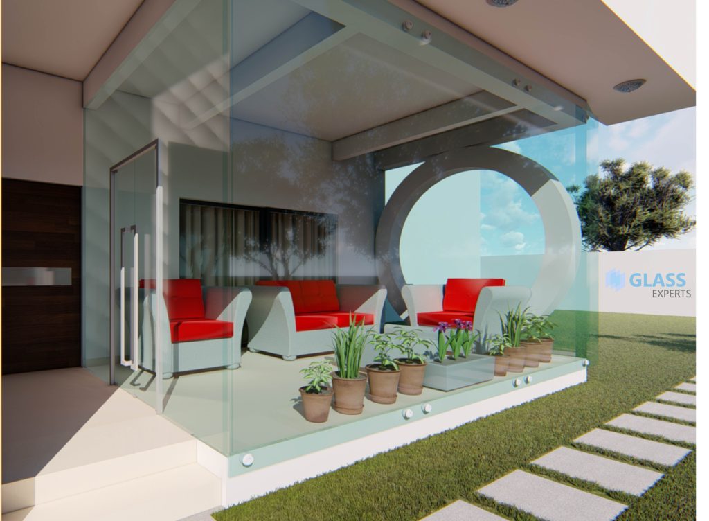 3D model of a porch with glass panels